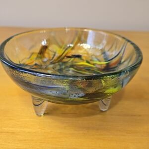 Vintage Multicolor Swirl Three-footed Art Glass Bowl